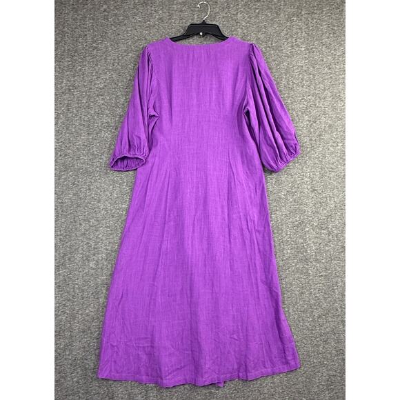 J.Jill Purple Seamed Linen Blend Puff Sleeve Midi Dress Caftan Medium Lagenlook - Picture 3 of 7